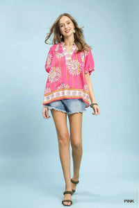 Umgee Floral Border Smocked V-Neck Boho Blouse 100100967591595 49 Affordable Fashion Under $100 Jerry's Apparel 