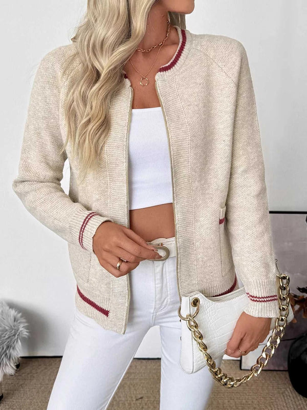 Zip Up Contrast Trim Cardigan 100100180658867 76 Women's Sweaters and Knitwear Jerry's Apparel 