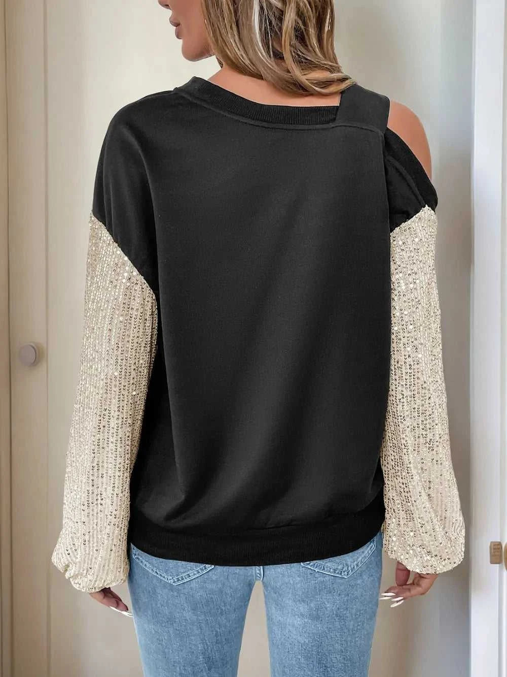 Perfee Sequin Asymmetrical Neck Long Sleeve Sweatshirt 100100251611332 29 Affordable Fashion Under $100 Jerry's Apparel 