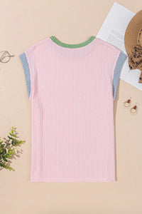 Colorblock Edge Twisted Rib Texture Sequin American Flag Casual T Shirt