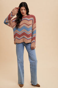 Annie Wear Multi Color Zig-Zag Round Neck Sweater