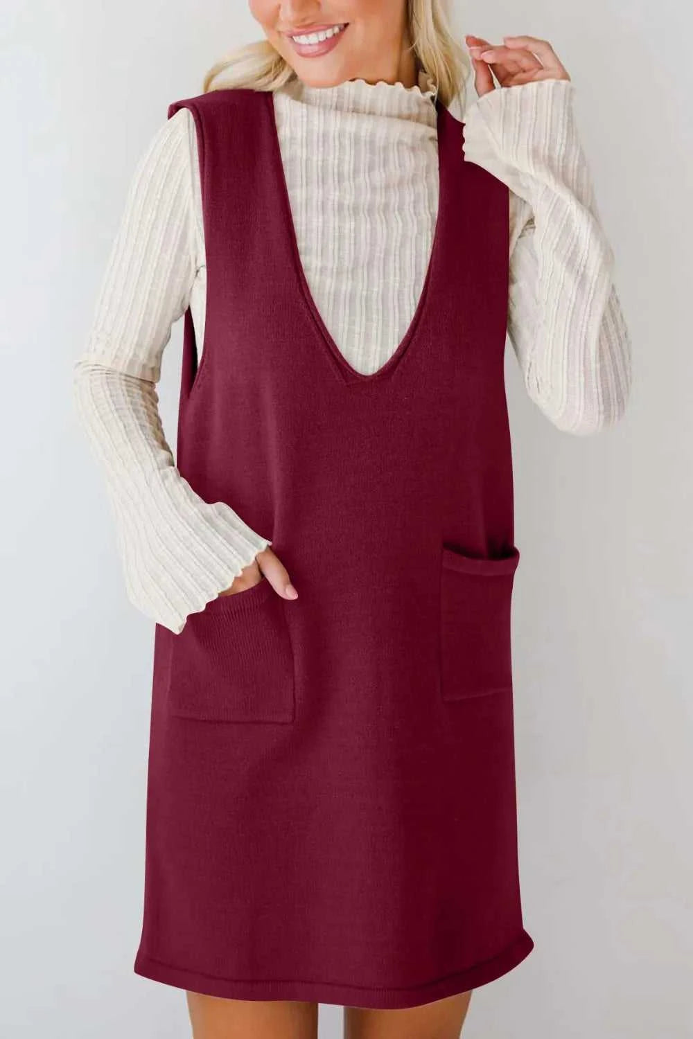 Lovelet Pocketed V-Neck Mini Sweater Overall Dress 100100283761487 35 Jerry's Apparel 