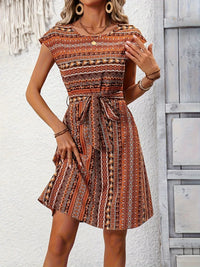 Printed Round Neck Cap Sleeve Dress
