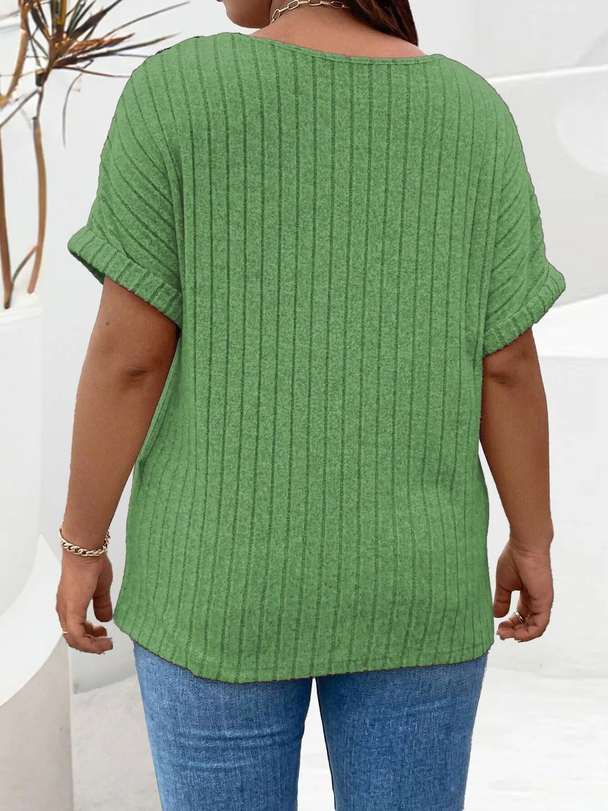 Plus Size Ribbed Half Zip Relaxed Fit T-Shirt