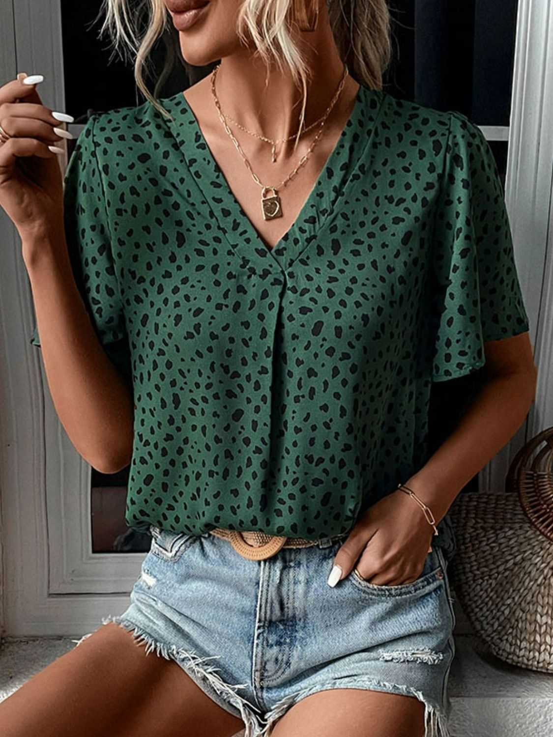 Perfee Animal Print V-Neck Flutter Sleeve Blouse 100100584363114 26 Affordable Fashion Under $100 Jerry's Apparel 