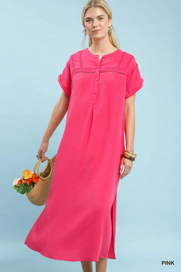 Umgee Button-Front Gauze Midi Dress with Lace Detail 100100808841221 62 Affordable Fashion Under $100 Jerry's Apparel 