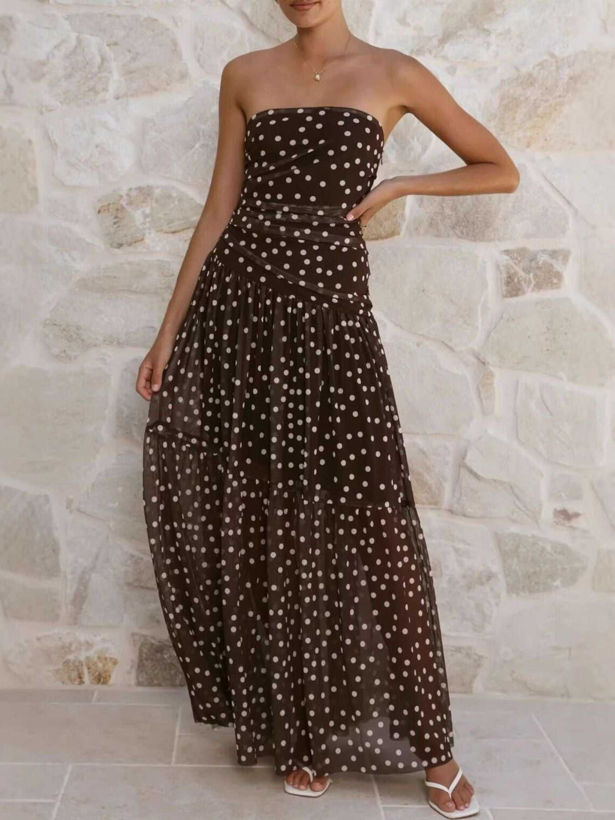 Polka Dot Strapless Ruched Maxi Dress 100100889786131 50 Affordable Fashion Under $100 Jerry's Apparel 