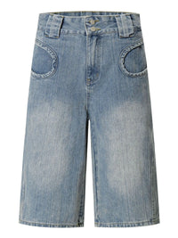 Men's Washed Denim Bermuda Shorts with Curved Pocket Detail