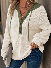 Waffle Knit Button Detail Drawstring Hoodie 100100982511723 41 Affordable Fashion Under $100 Jerry's Apparel 