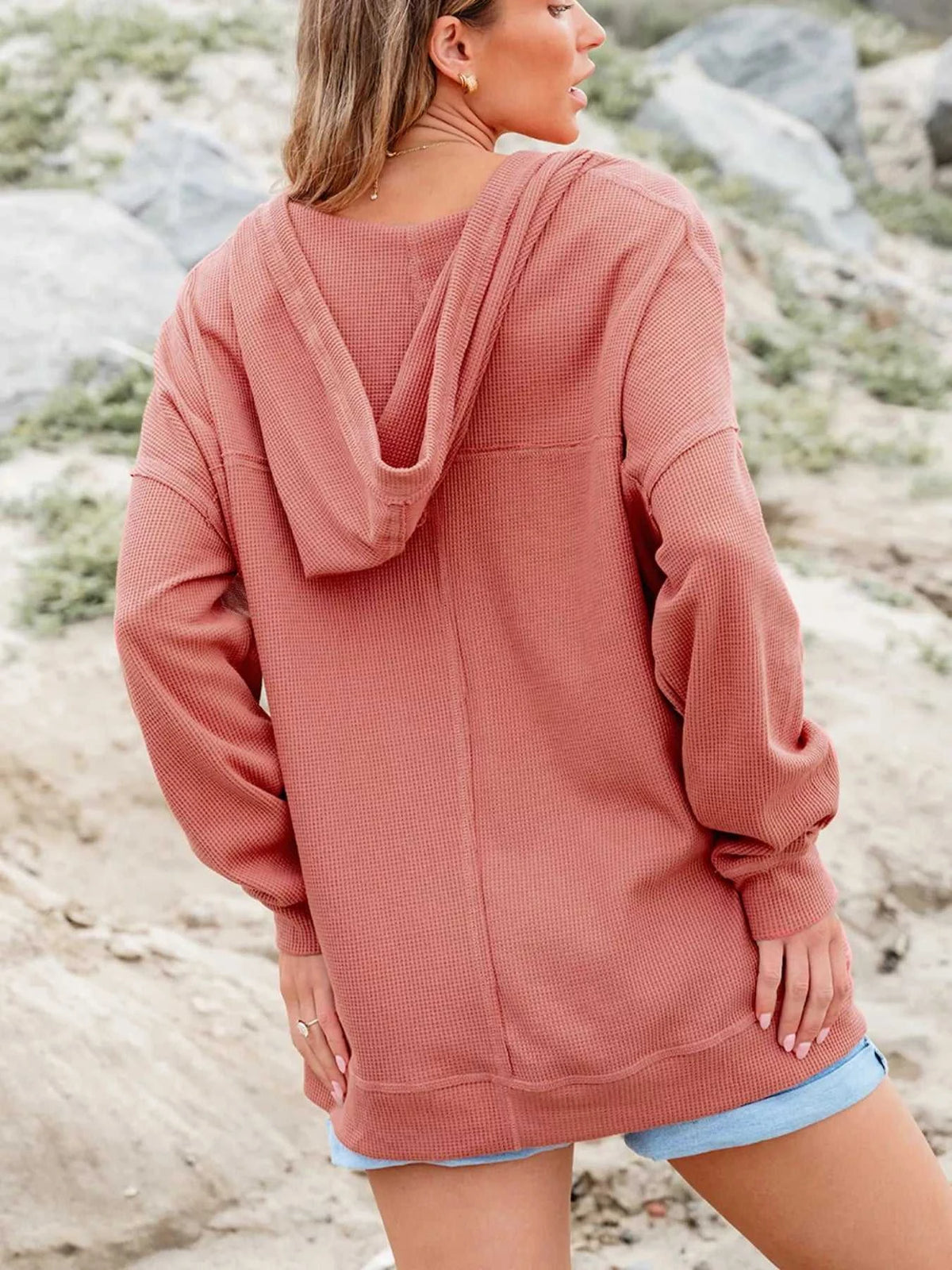 Drawstring V-Neck Waffle Knit Casual Hoodie 100100700285845 53 Affordable Fashion Under $100 Jerry's Apparel 