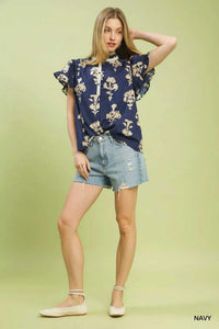 Umgee Floral Ruffle Sleeve Split-Neck Top 100100324221609 47 Affordable Fashion Under $100 Jerry's Apparel 