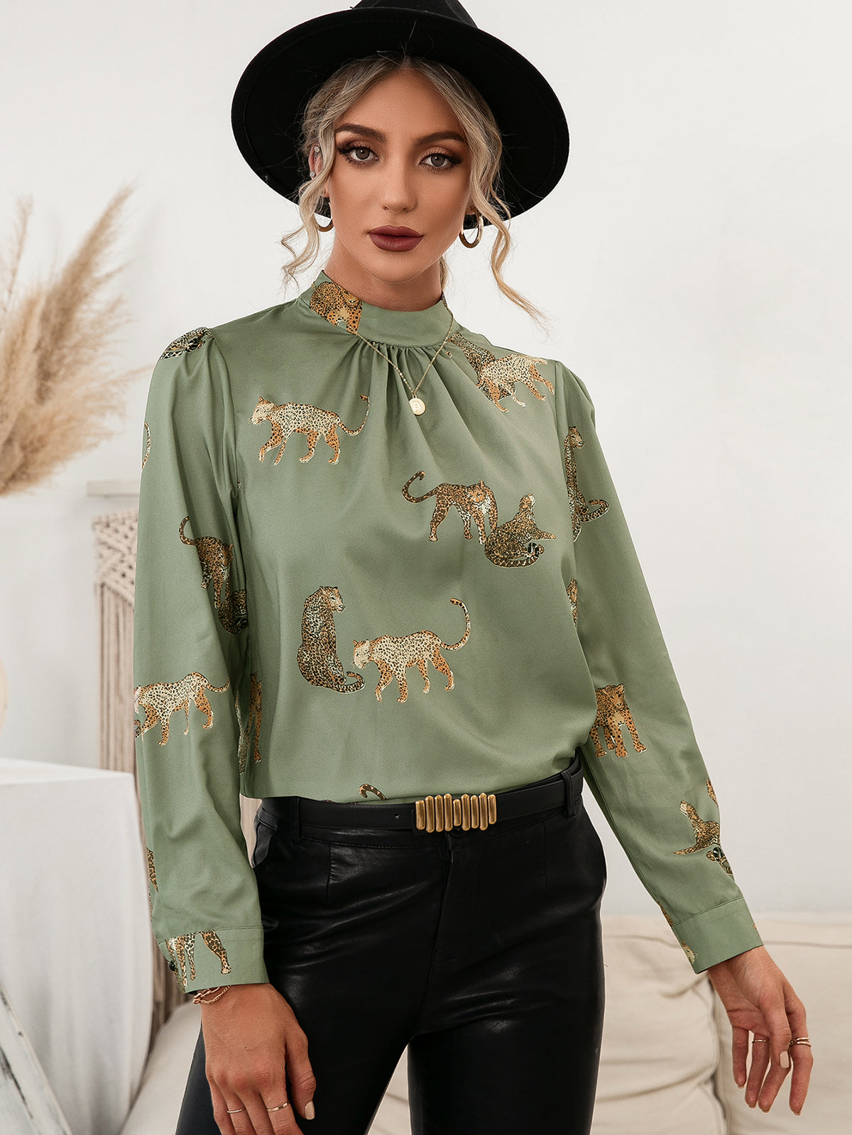 Ivy Lane Leopard Graphic Mock Neck Puff Sleeve Blouse