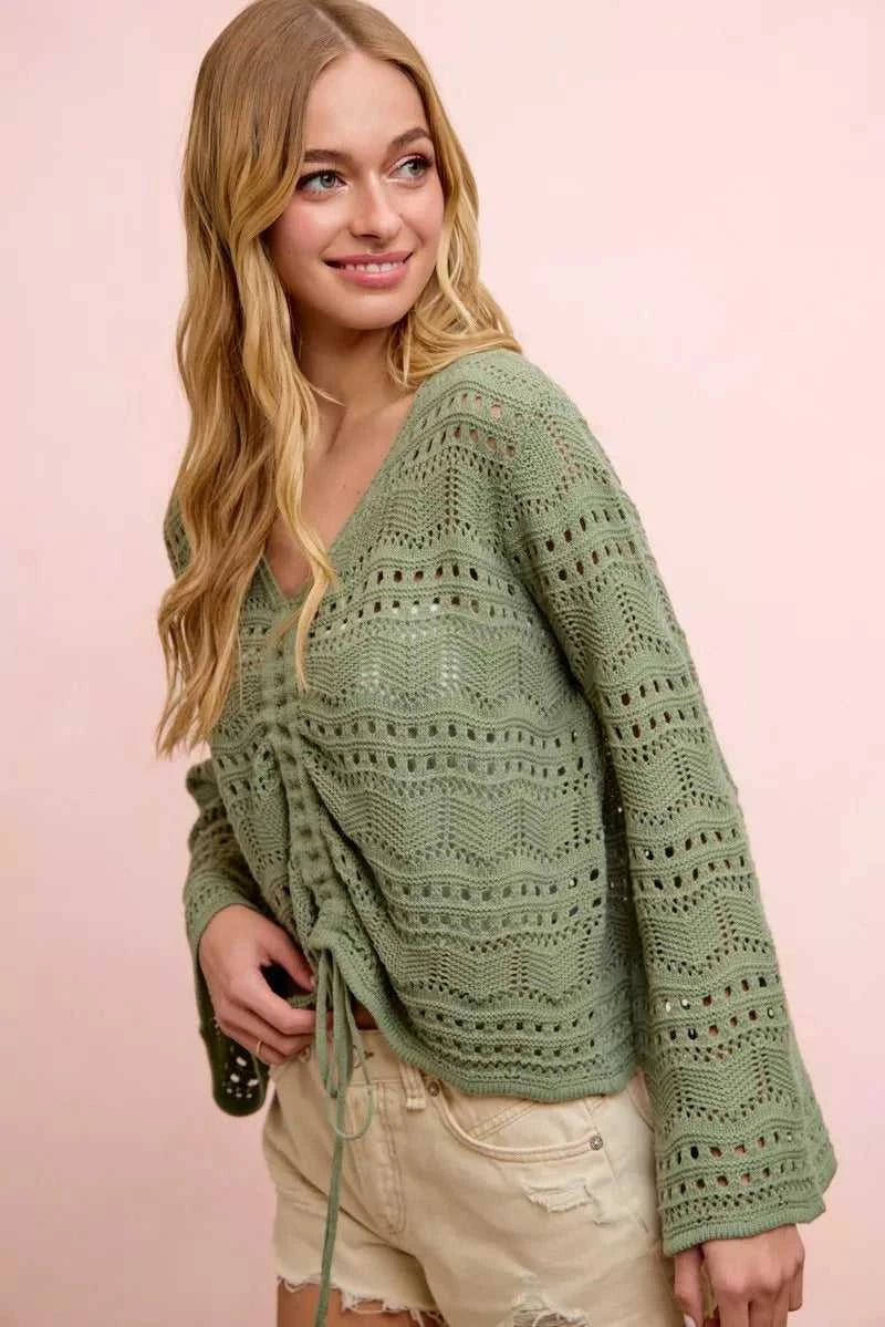 BiBi Pointelle Knit V Neck Ruched Front Lightweight Top 100100962711230 42 Affordable Fashion Under $100 Jerry's Apparel 