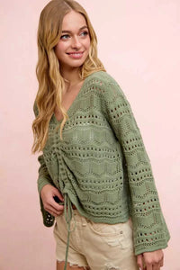 BiBi Pointelle Knit V Neck Ruched Front Lightweight Top 100100962711230 42 Affordable Fashion Under $100 Jerry's Apparel 