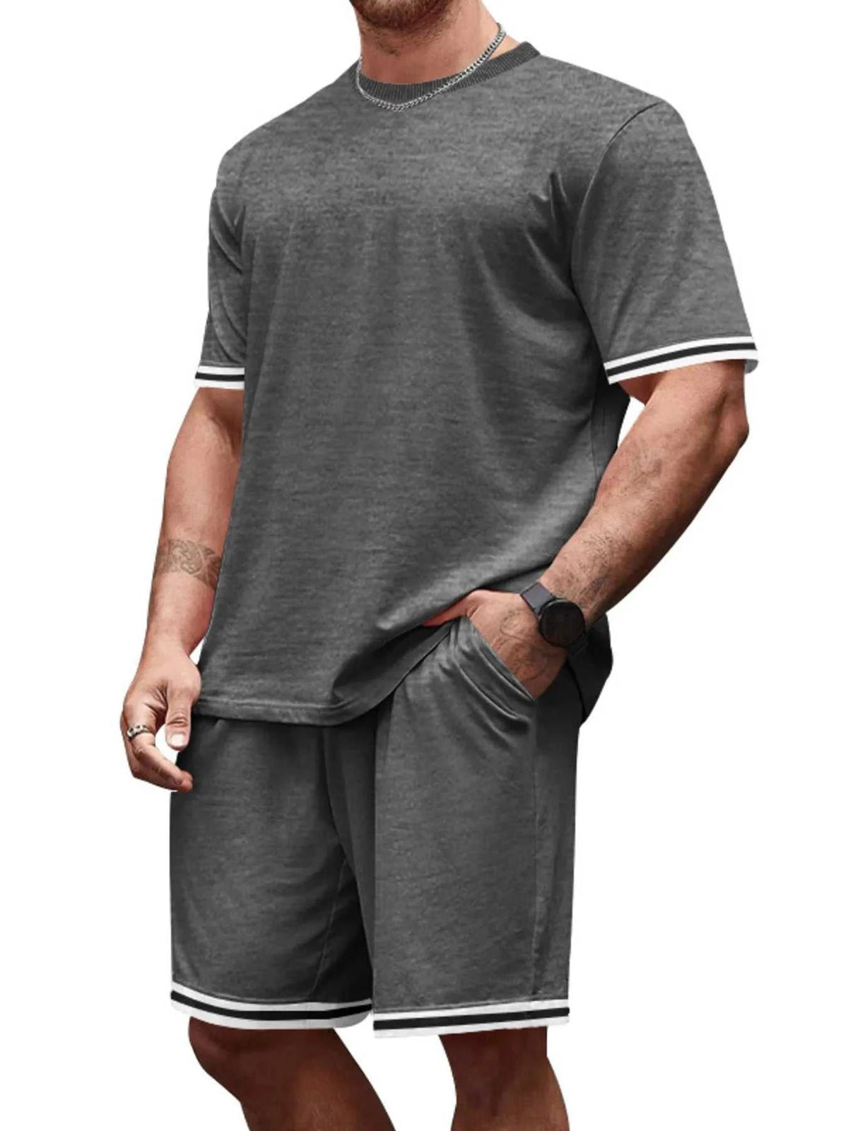 Men's Full Size Striped Short Sleeve Tee and Shorts Set Plus Size 100400468478831 33 Affordable Fashion Under $100 Jerry's Apparel 