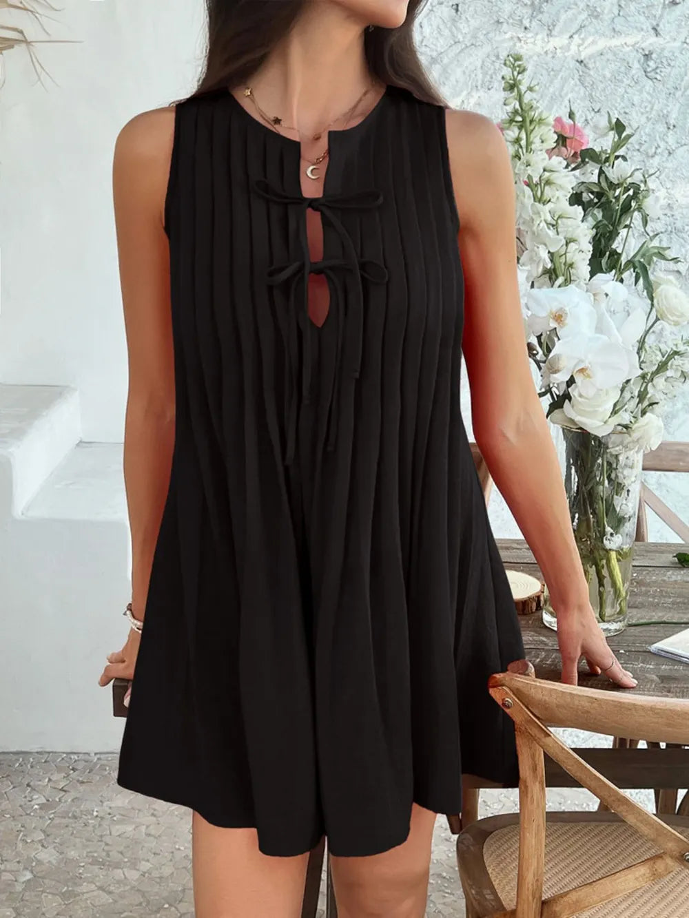 Devine Pleated Sleeveless Mini Dress