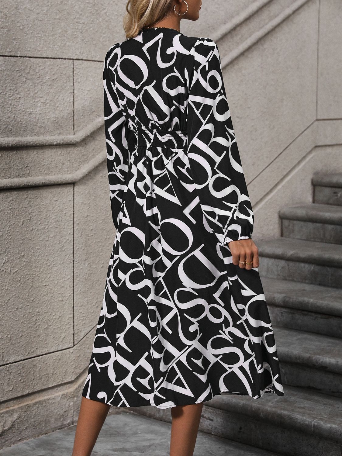 Perfee Printed V-Neck Long Sleeve Midi Dress