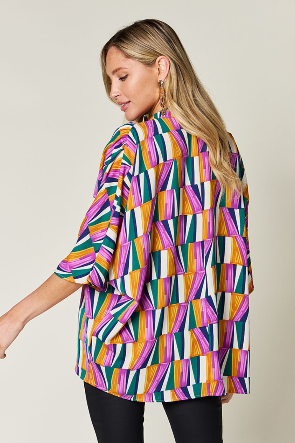 Full Size Geometric Notched Raglan Sleeve Blouse