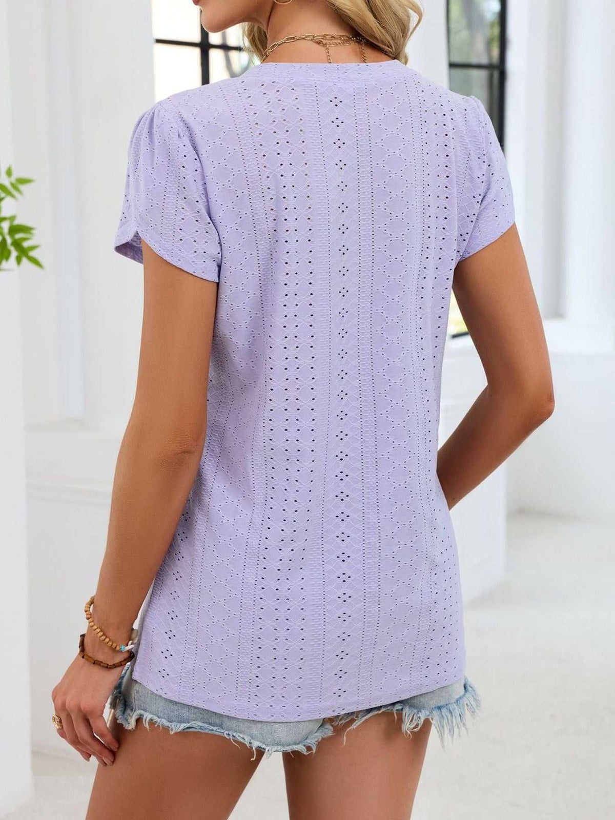 Eyelet Petal Sleeve V-Neck T-Shirt 100100180821182 24 Affordable Fashion Under $100 Jerry's Apparel 