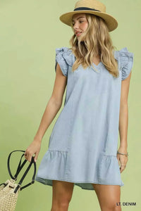 Umgee Chambray Ruffled Denim Dress with Side Pockets 100100668241368 62 Affordable Fashion Under $100 Jerry's Apparel 