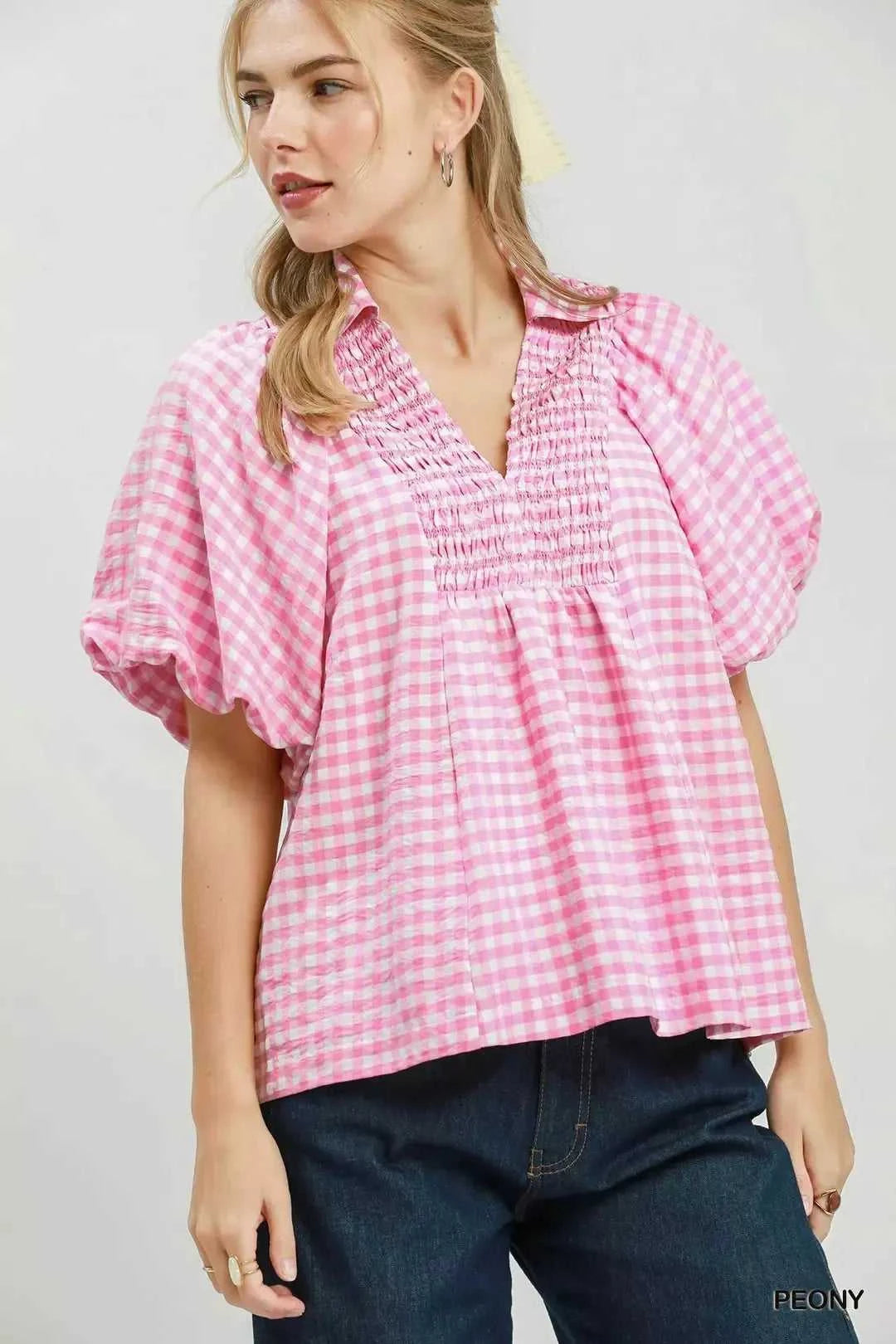 Umgee Smocked Yoke Puff Sleeve Gingham Blouse 100100978611641 53 Affordable Fashion Under $100 Jerry's Apparel 