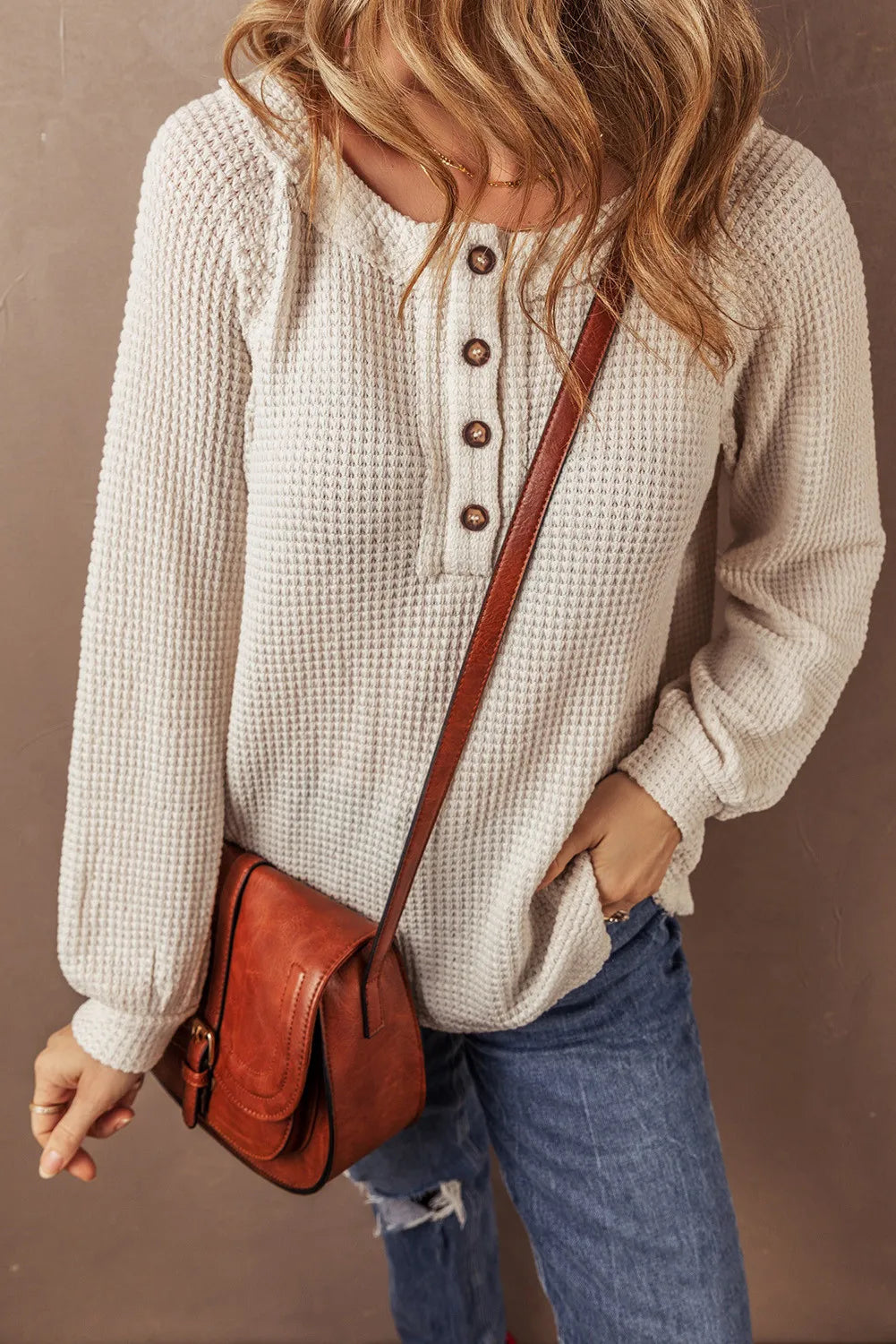 Waffle-Knit Half Button Round Neck Long Sleeve Top