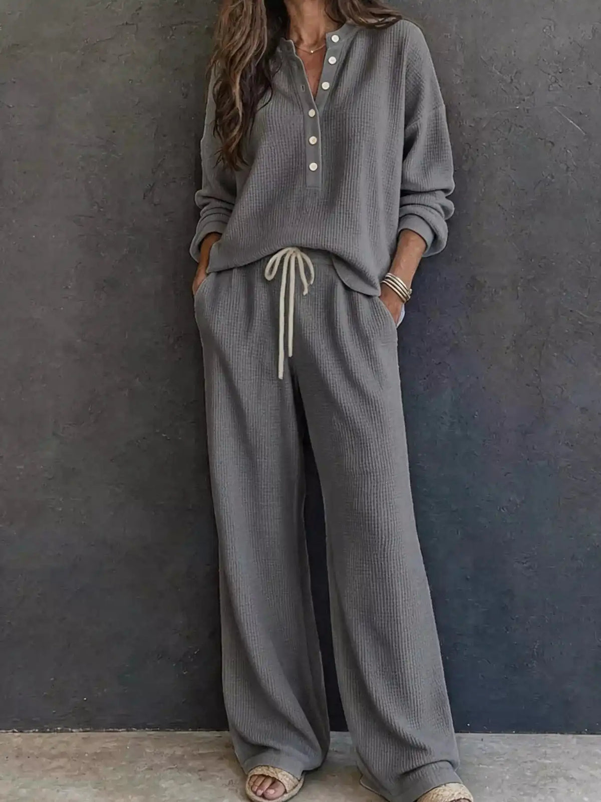 Waffle Knit Button Detail Top and Pants Set 101001629020741 57 Gifts for Her Jerry's Apparel 