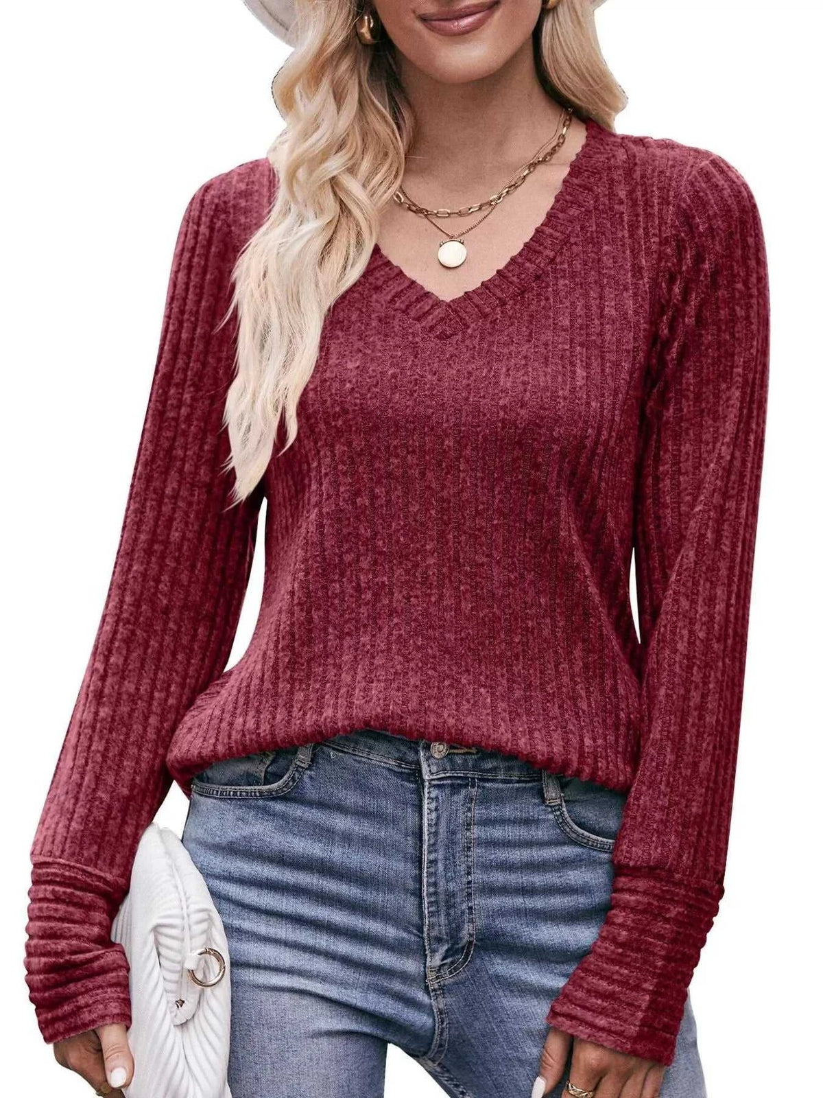 V-Neck Ribbed Knit Long Sleeve T-Shirt 100100748461046 28 Affordable Fashion Under $100 Jerry's Apparel 