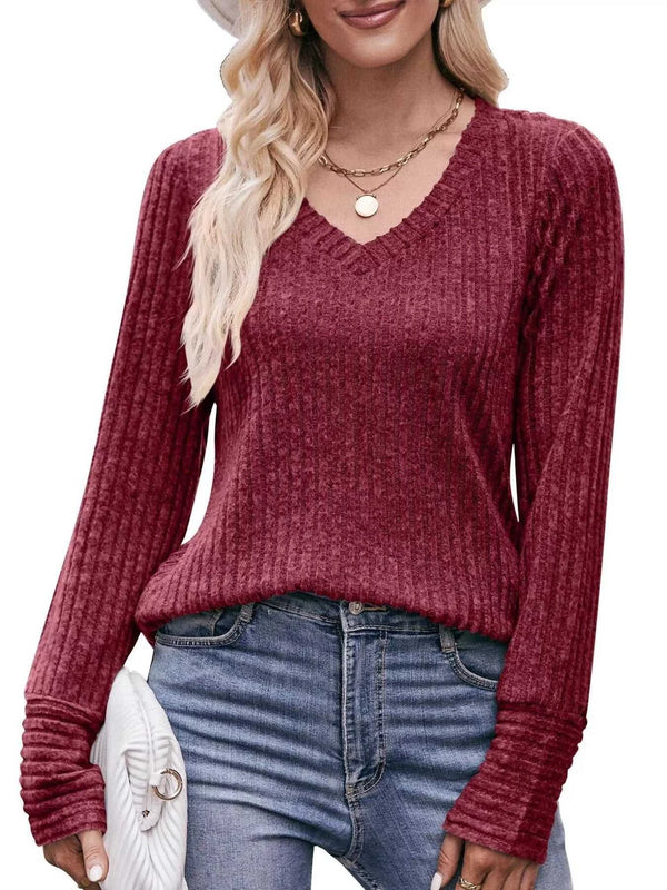 V-Neck Ribbed Knit Long Sleeve T-Shirt 100100748461046 28 Affordable Fashion Under $100 Jerry's Apparel 