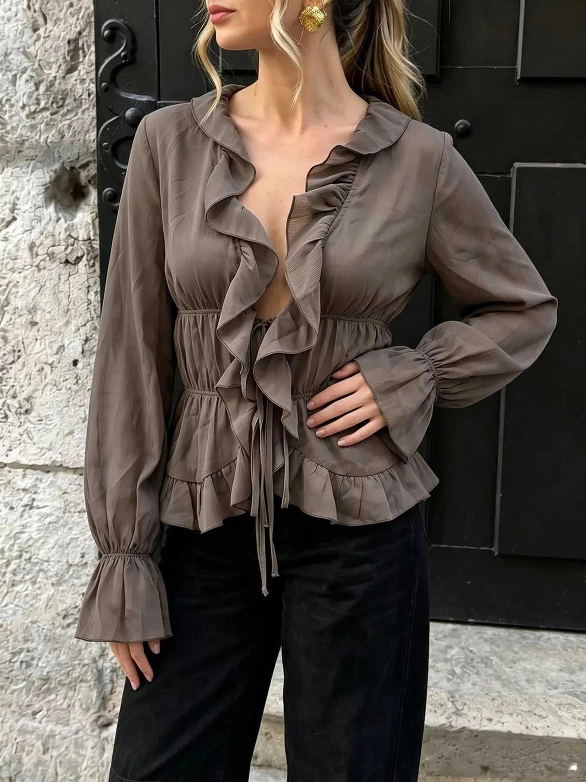 Ruffled V-Neck Long Sleeve Blouse 100100364156339 41 Jerry's Apparel 