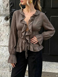 Ruffled V-Neck Long Sleeve Blouse 100100364156339 41 Jerry's Apparel 