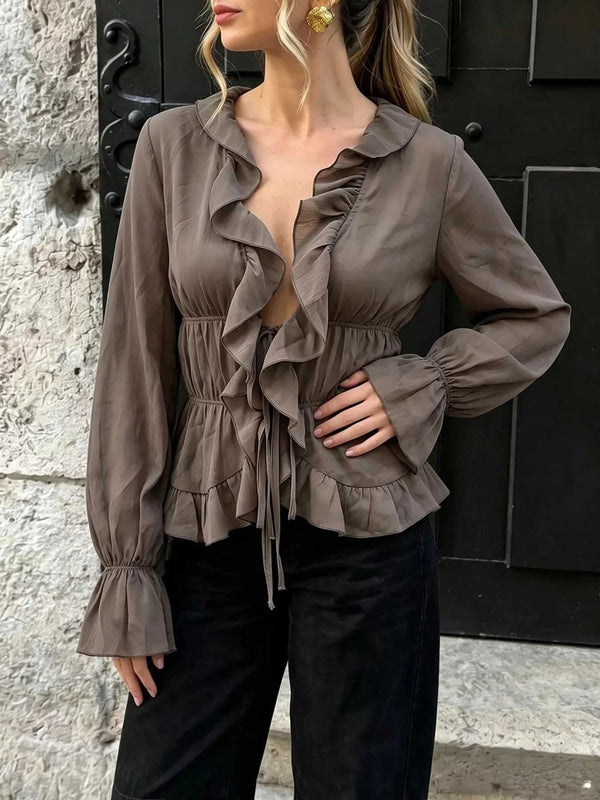 Ruffled V-Neck Long Sleeve Blouse 100100364156339 41 Jerry's Apparel 
