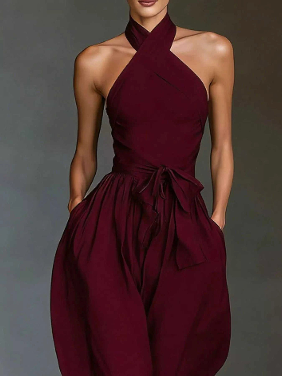 Halter Neck Wide-Leg Jumpsuit with Waist-Tie Detail 101001566820821 48 Affordable Fashion Under $100 Jerry's Apparel 