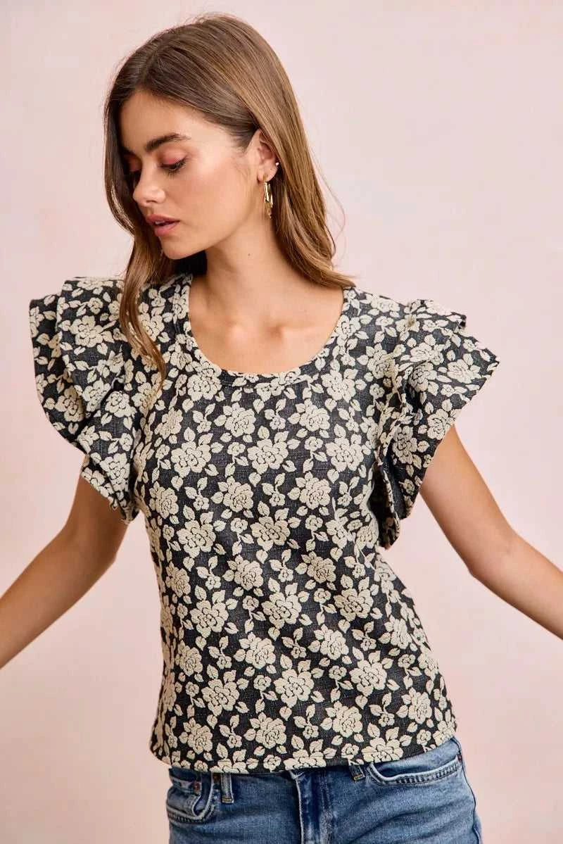 BiBi Floral Jacquard Ruffle Sleeves Knit Top 100100264791752 46 Affordable Fashion Under $100 Jerry's Apparel 