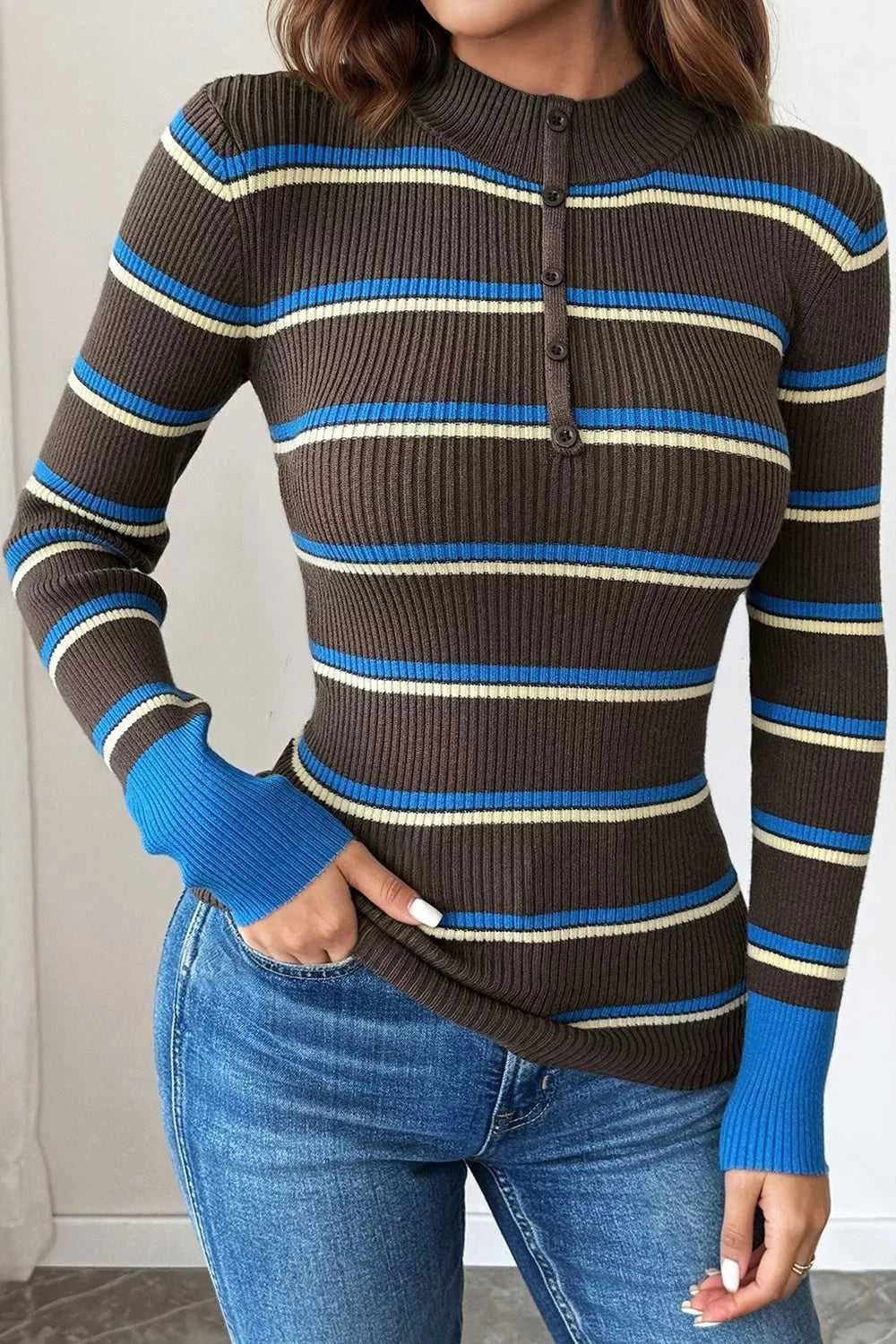 Ribbed Knit Contrast Cuff Henley Button Sweater 101002490031280 45 Affordable Fashion Under $100 Jerry's Apparel 