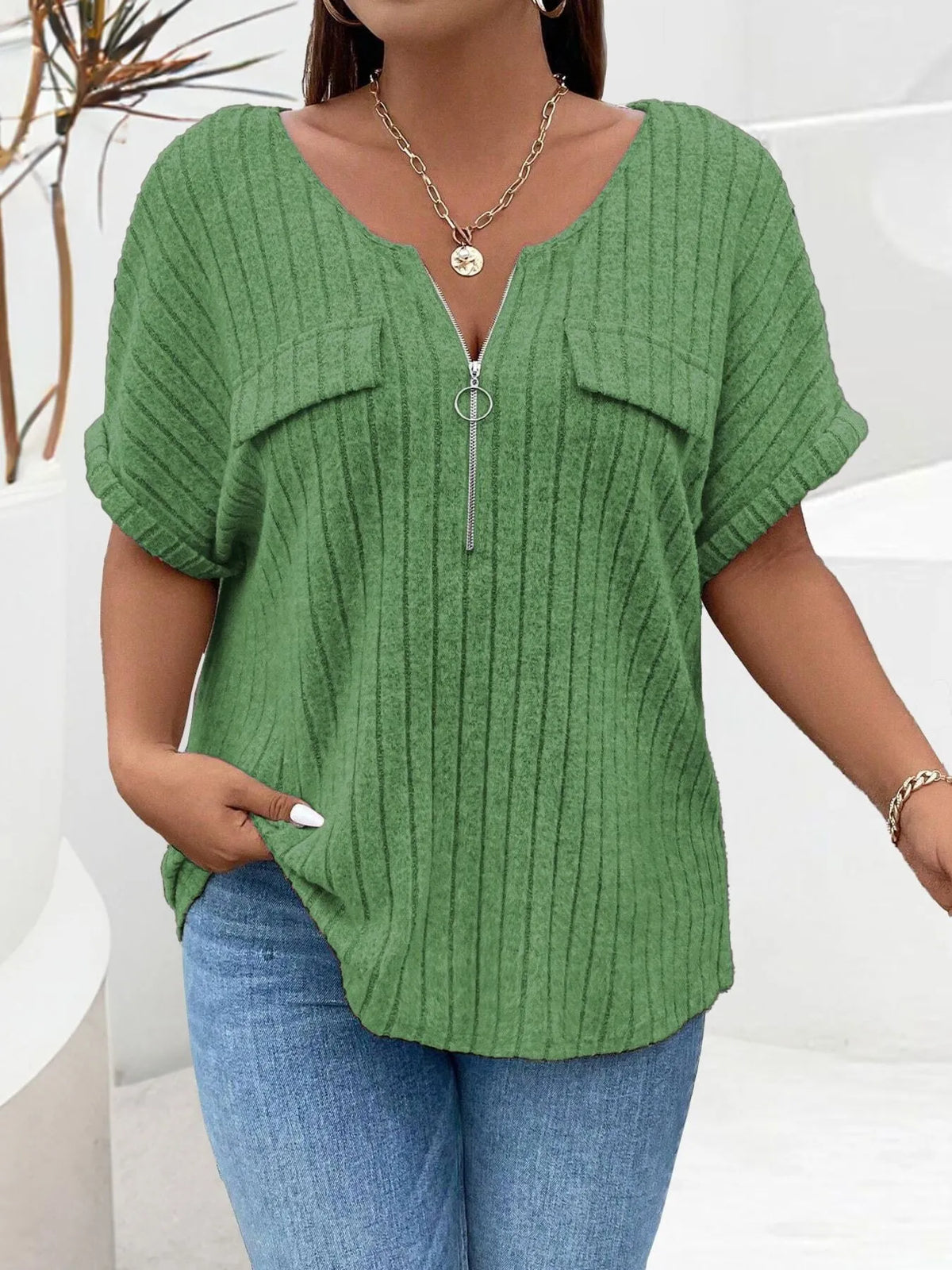 Plus Size Ribbed Half Zip Relaxed Fit T-Shirt