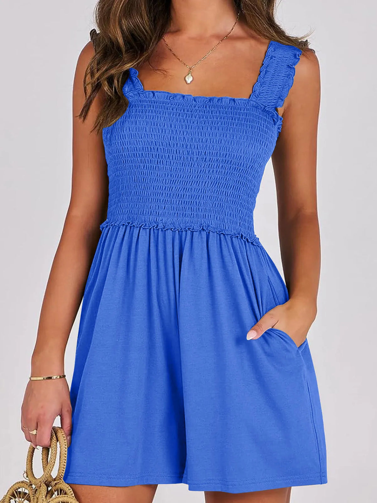 Smocked Square Neck Sleeveless Romper