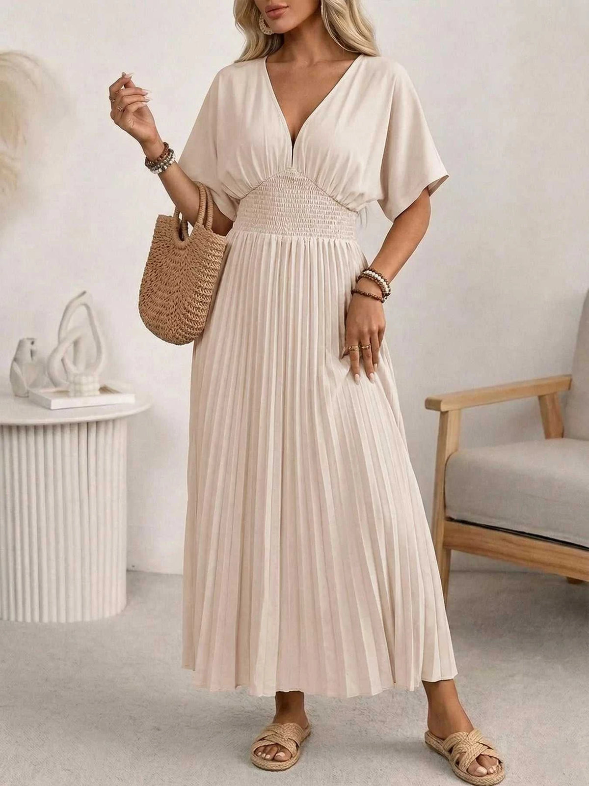 Pleated V-Neck Midi Dress 100100926207857 45 Affordable Fashion Under $100 Jerry's Apparel 