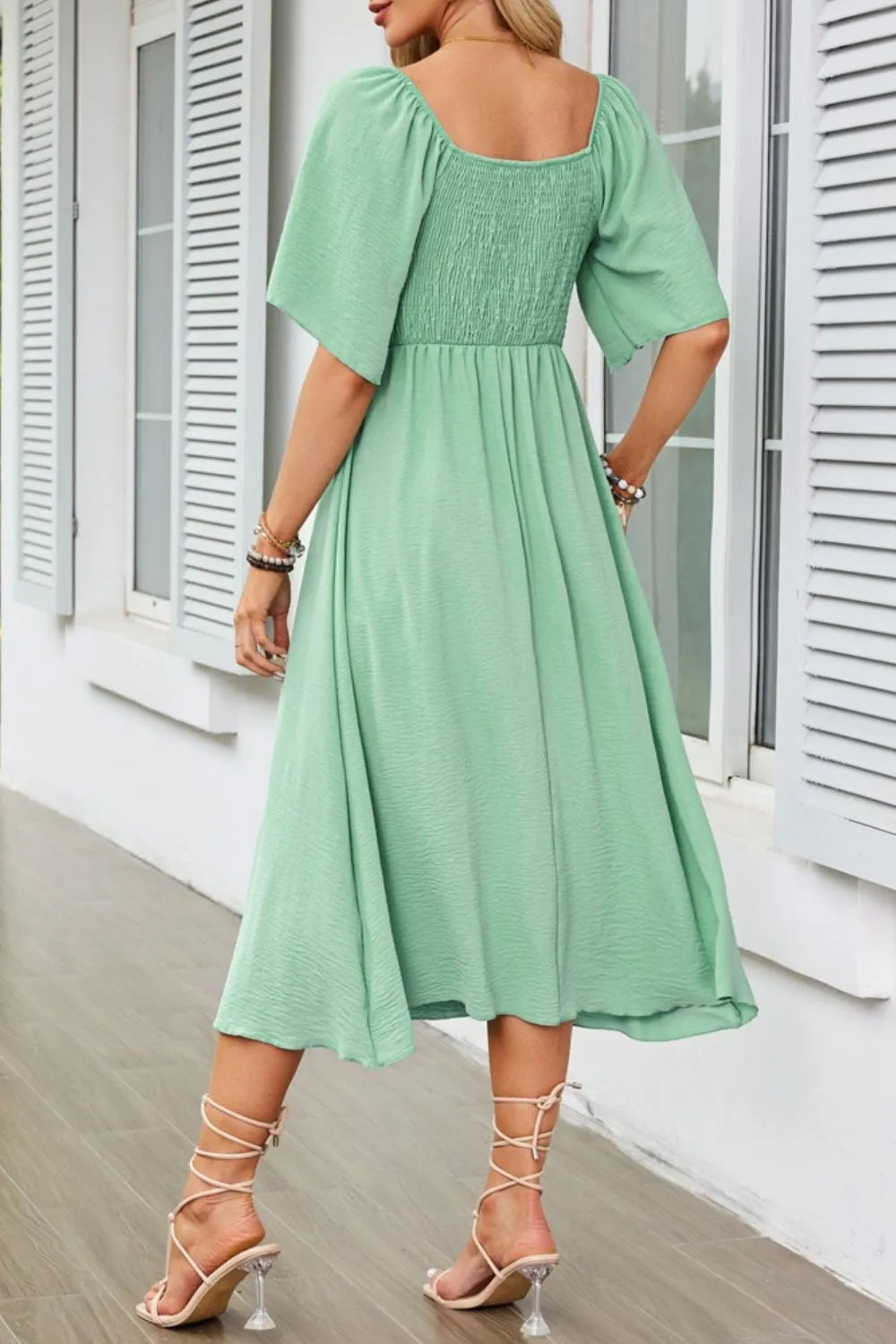 Smocked Tie Front Flutter Sleeve Midi Dress