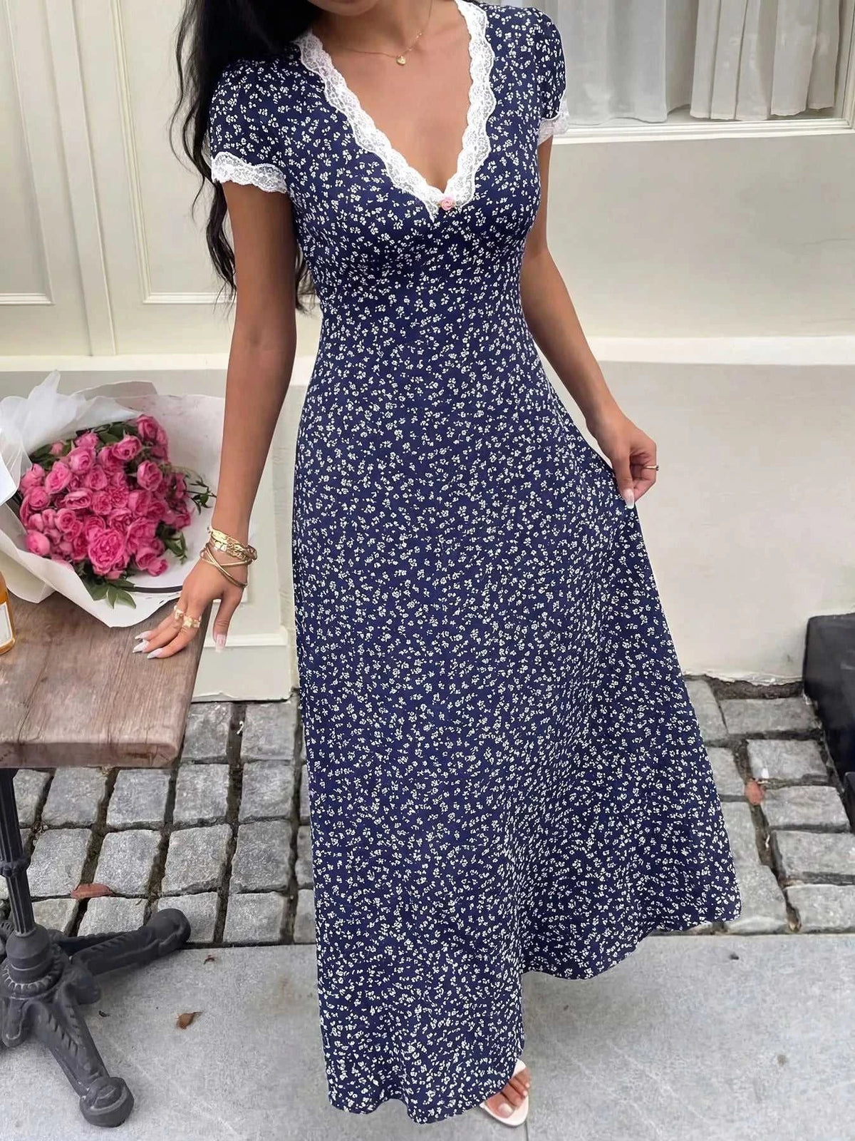 Floral Print Lace Trim Maxi Dress 100100543668093 36 Affordable Fashion Under $100 Jerry's Apparel 