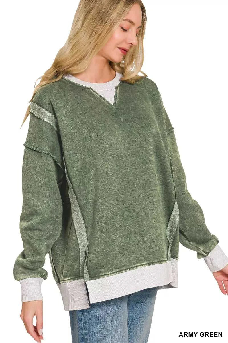 Zenana Fleece Acid Washed Contrast Trim Sweatshirt 100100900791915 39 Affordable Fashion Under $100 Jerry's Apparel 