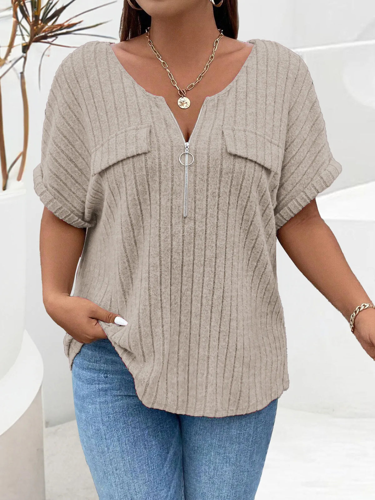 Plus Size Ribbed Half Zip Relaxed Fit T-Shirt