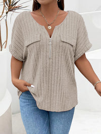 Plus Size Ribbed Half Zip Relaxed Fit T-Shirt