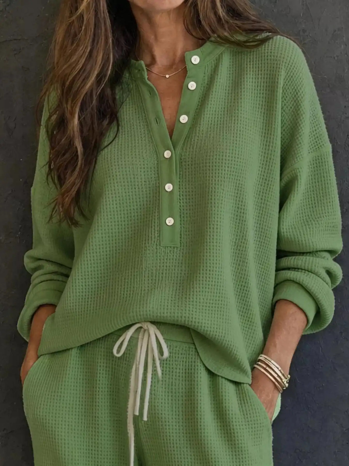 Waffle Knit Button Detail Top and Pants Set 101001629020741 57 Gifts for Her Jerry's Apparel 
