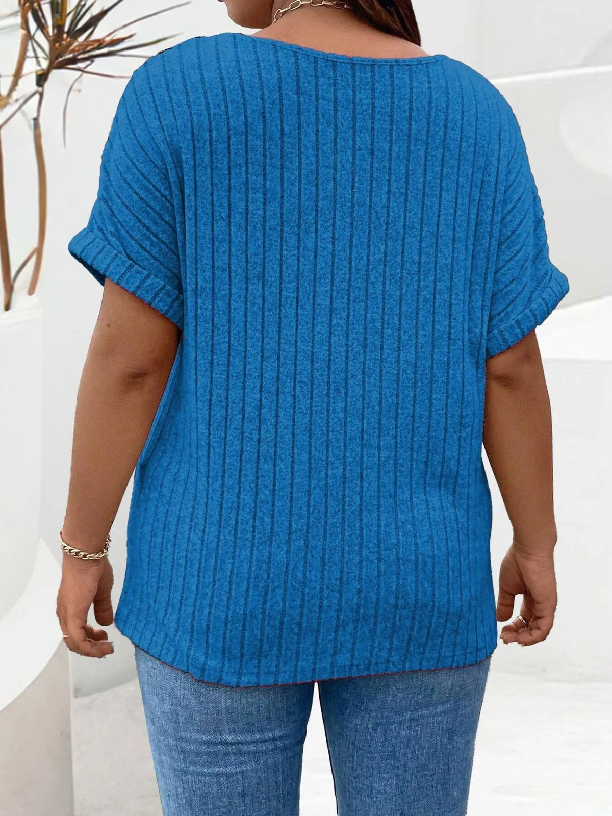 Plus Size Ribbed Half Zip Relaxed Fit T-Shirt