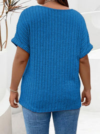 Plus Size Ribbed Half Zip Relaxed Fit T-Shirt