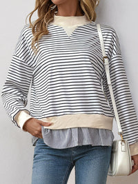 Perfee Faux Layered Striped Long Sleeve Sweatshirt