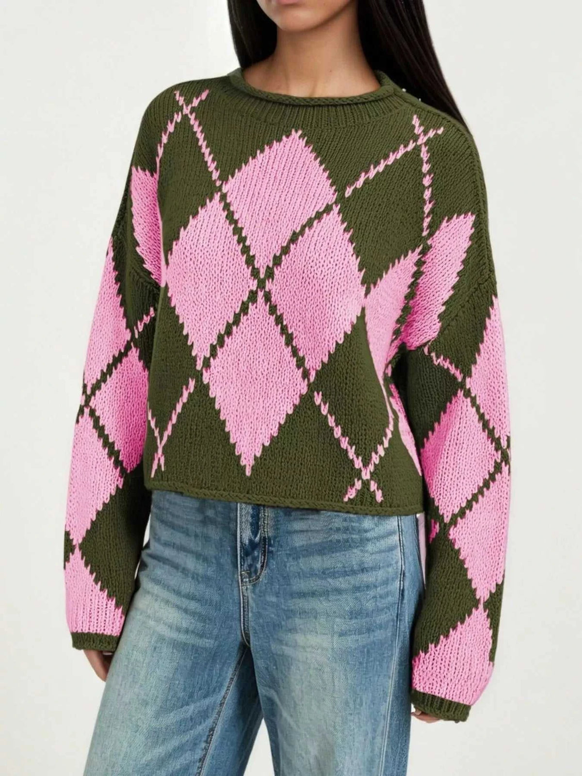 Argyle Pattern Knit Dropped Shoulder Sweater 100100844660276 45 Affordable Fashion Under $100 Jerry's Apparel 