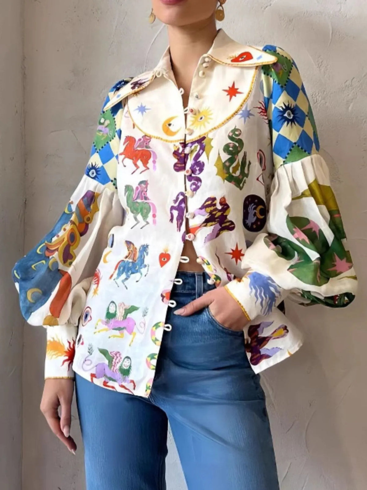 Printed Button Up Lantern Sleeve Shirt
