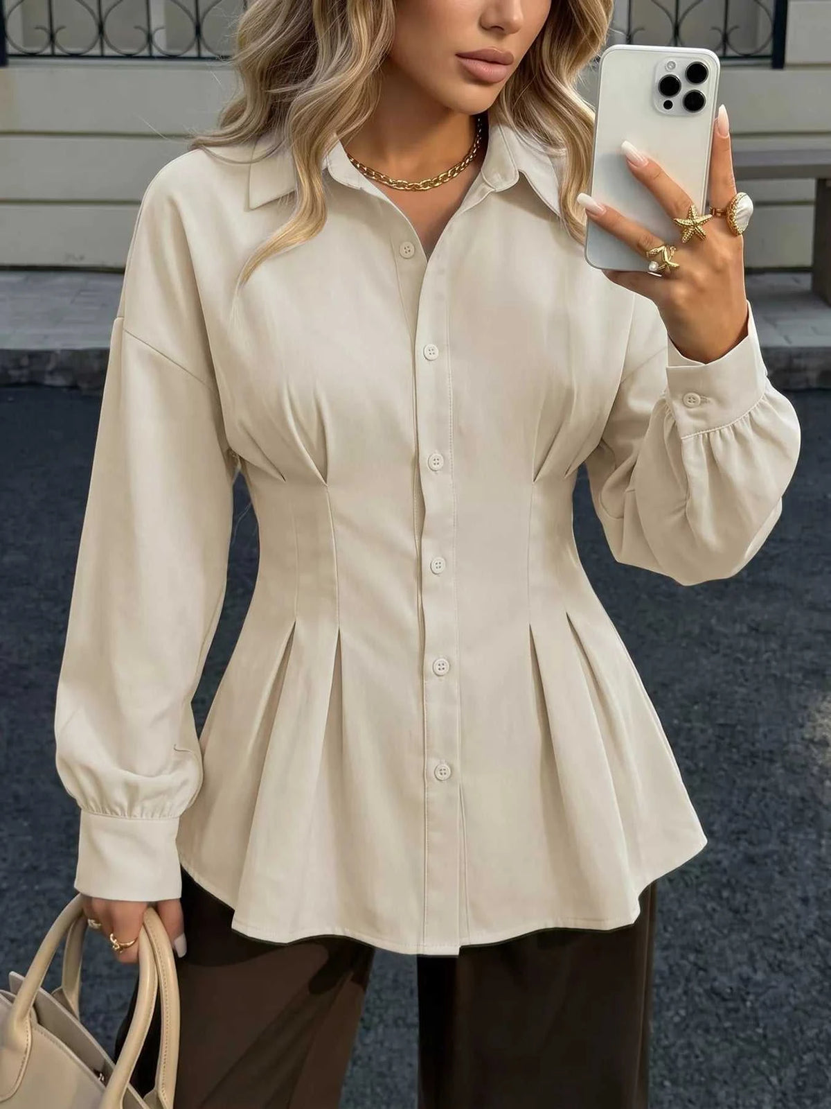 Ruched Button-Up Peplum Shirt 100100541347107 46 Affordable Fashion Under $100 Jerry's Apparel 
